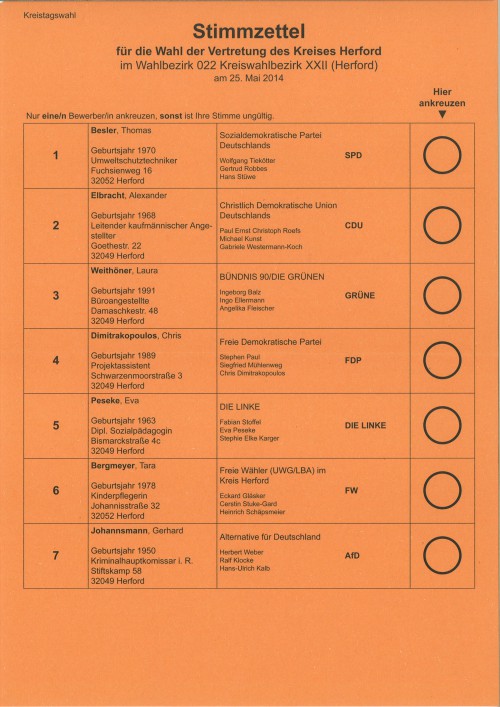 Stimmzettel für die Wahl der Vertretung des Kreises Herford